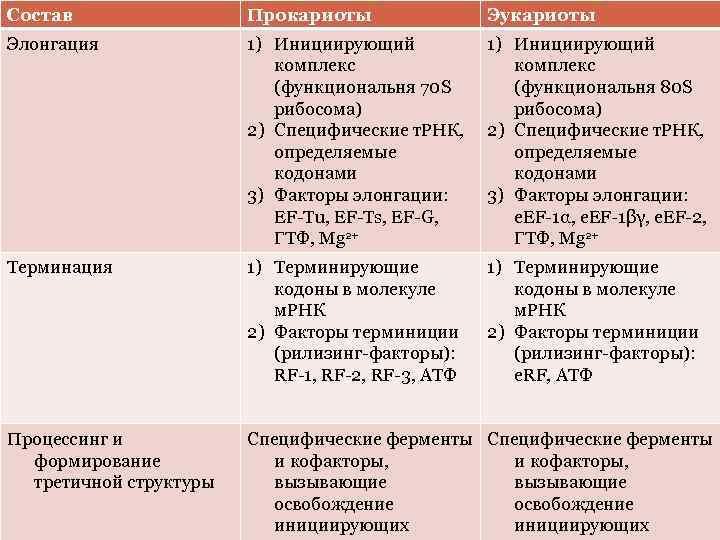 Состав Прокариоты Эукариоты Элонгация 1) Инициирующий комплекс (функциональня 70 S рибосома) 2) Специфические т.