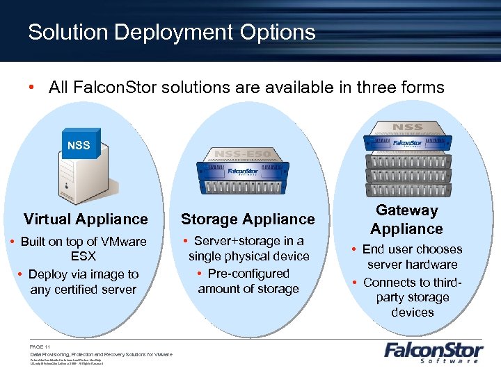 Solution Deployment Options • All Falcon. Stor solutions are available in three forms NSS