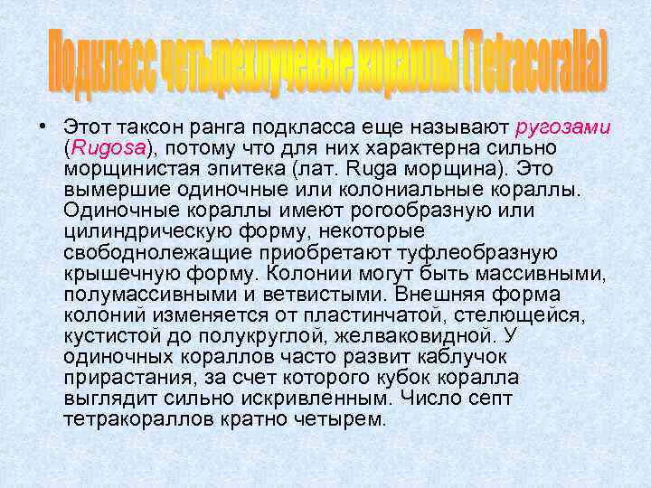  • Этот таксон ранга подкласса еще называют ругозами (Rugosa), потому что для них