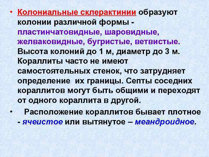  • Колониальные склерактинии образуют колонии различной формы пластинчатовидные, шаровидные, желваковидные, бугристые, ветвистые. Высота