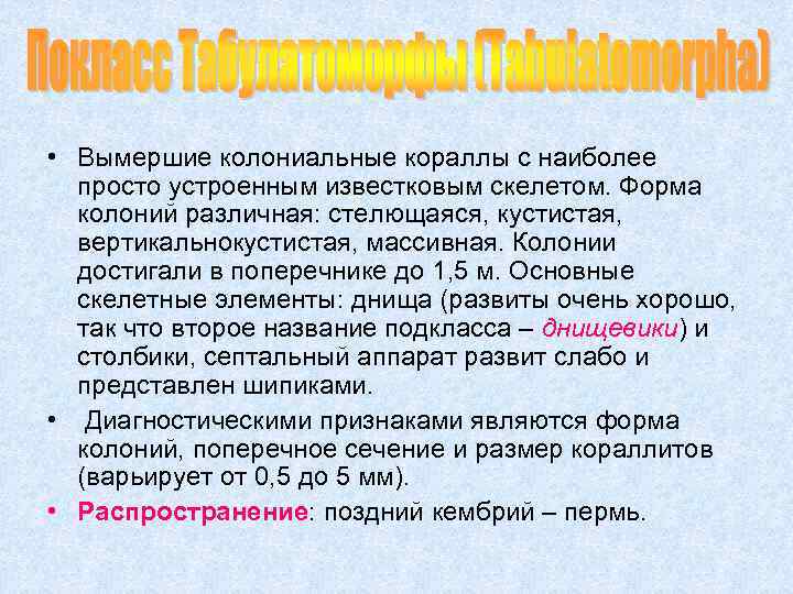  • Вымершие колониальные кораллы с наиболее просто устроенным известковым скелетом. Форма колоний различная: