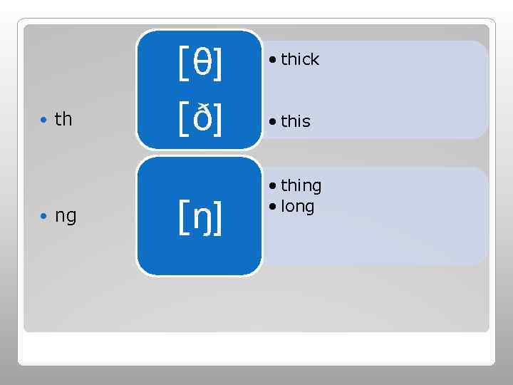  th ng [θ] [ð] [ŋ] • thick • this • thing • long