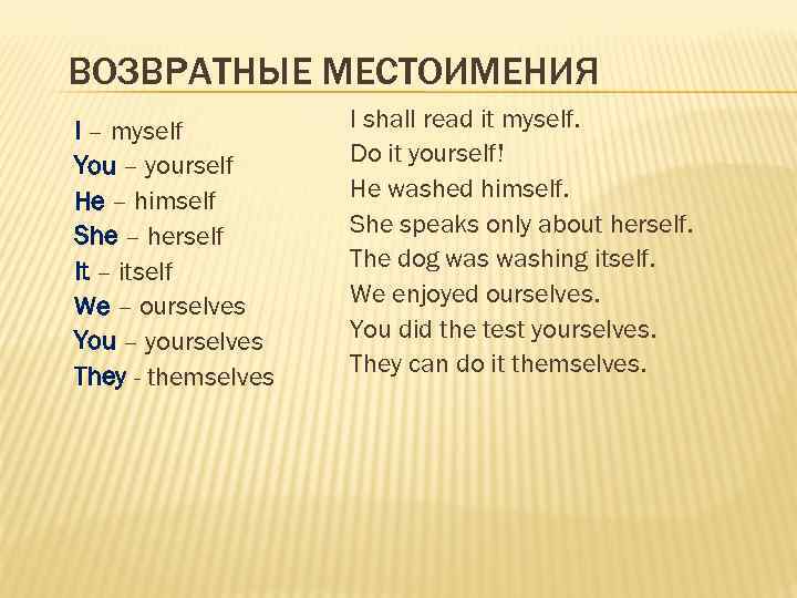ВОЗВРАТНЫЕ МЕСТОИМЕНИЯ I – myself You – yourself He – himself She – herself