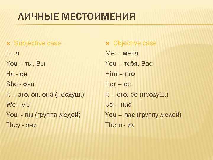 ЛИЧНЫЕ МЕСТОИМЕНИЯ Subjective case I–я You – ты, Вы He - он She -