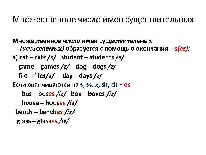 Множественное число имен существительных (исчисляемых) образуется с помощью окончания – s(es): а) cat –