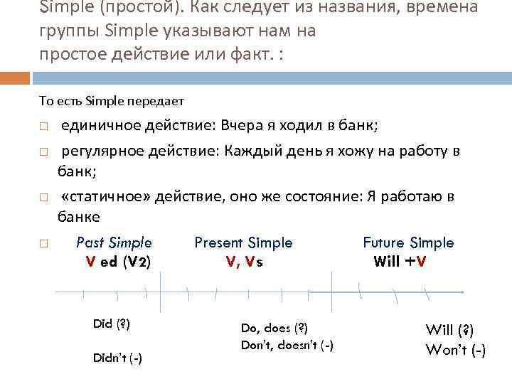 Simple (простой). Как следует из названия, времена группы Simple указывают нам на простое действие