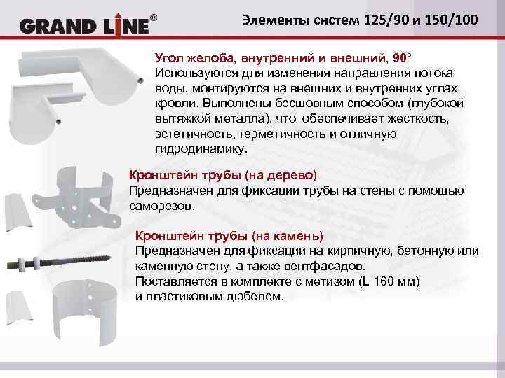 Элементы систем 125/90 и 150/100 Угол желоба, внутренний и внешний, 90° Используются для изменения