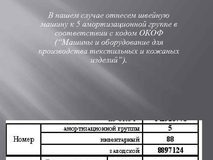 В нашем случае отнесем швейную машину к 5 амортизационной группе в соответствии с кодом