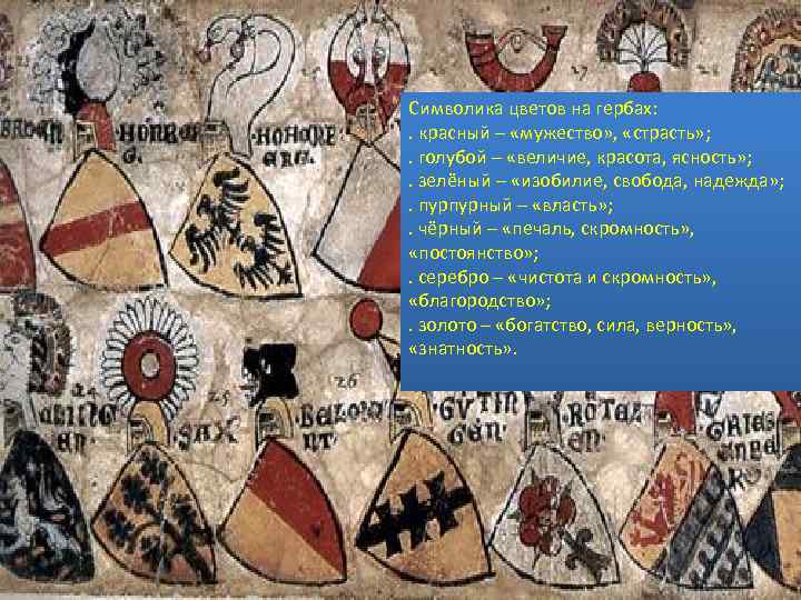 Символика цветов на гербах: . красный – «мужество» , «страсть» ; . голубой –