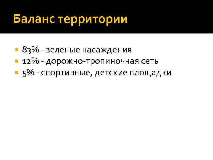 Баланс территории 83% - зеленые насаждения 12% - дорожно-тропиночная сеть 5% - спортивные, детские