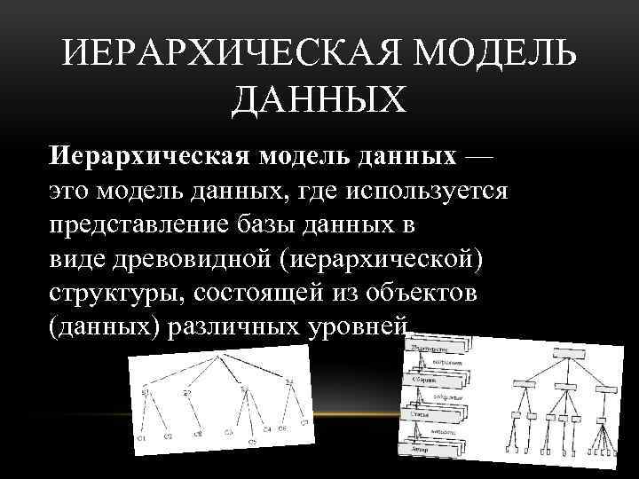 ИЕРАРХИЧЕСКАЯ МОДЕЛЬ ДАННЫХ Иерархическая модель данных — это модель данных, где используется представление базы