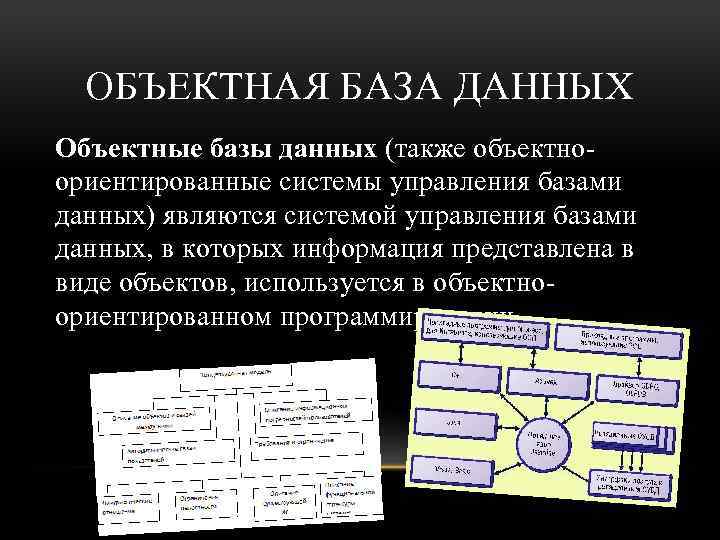 ОБЪЕКТНАЯ БАЗА ДАННЫХ Объектные базы данных (также объектноориентированные системы управления базами данных) являются системой