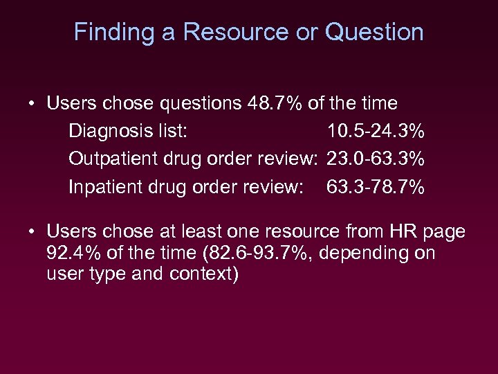 Finding a Resource or Question • Users chose questions 48. 7% of the time