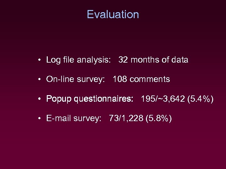 Evaluation • Log file analysis: 32 months of data • On-line survey: 108 comments