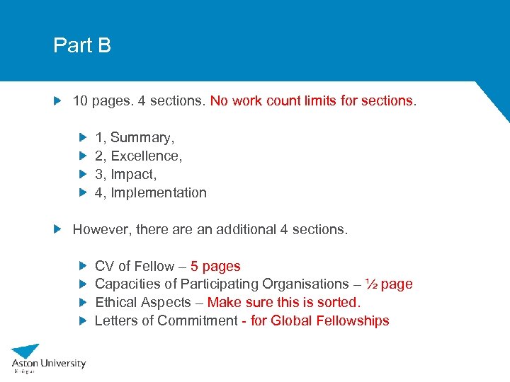 Part B 10 pages. 4 sections. No work count limits for sections. 1, Summary,