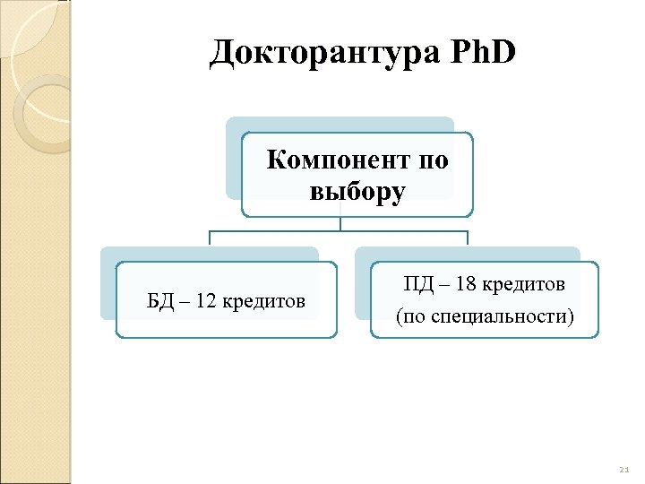 Докторантура Ph. D Компонент по выбору БД – 12 кредитов ПД – 18 кредитов