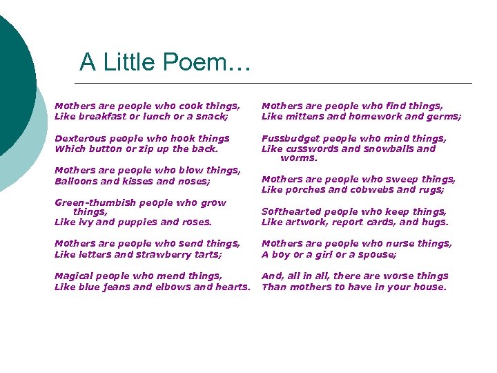 A Little Poem… Mothers are people who cook things, Like breakfast or lunch or