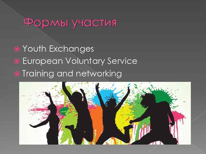 Формы участия Youth Exchanges European Voluntary Service Training and networking 