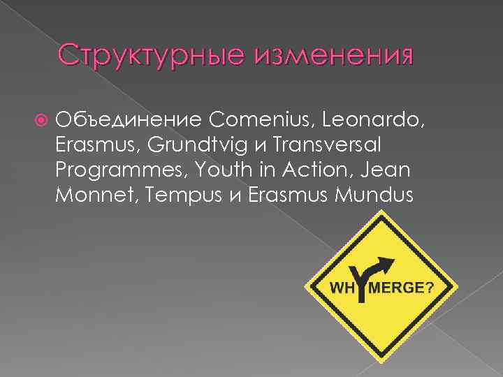 Структурные изменения Объединение Comenius, Leonardo, Erasmus, Grundtvig и Transversal Programmes, Youth in Action, Jean