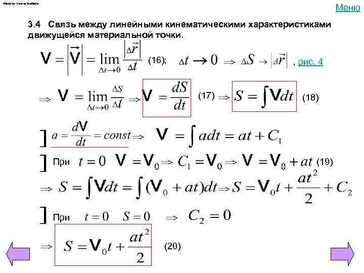 Made by Yureva Svetlana Меню 3. 4 Связь между линейными кинематическими характеристиками движущейся материальной