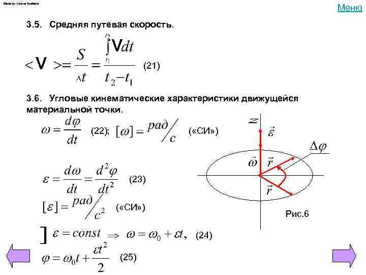 Made by Yureva Svetlana Меню 3. 5. Средняя путевая скорость. (21) 3. 6. Угловые