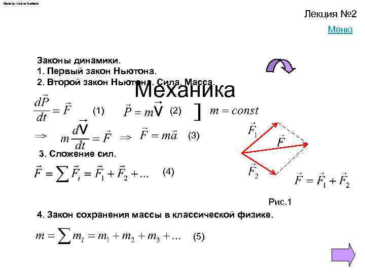 Made by Yureva Svetlana Лекция № 2 Меню Законы динамики. 1. Первый закон Ньютона.