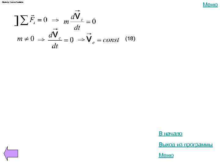Made by Yureva Svetlana Меню (18) В начало Выход из программы Меню 