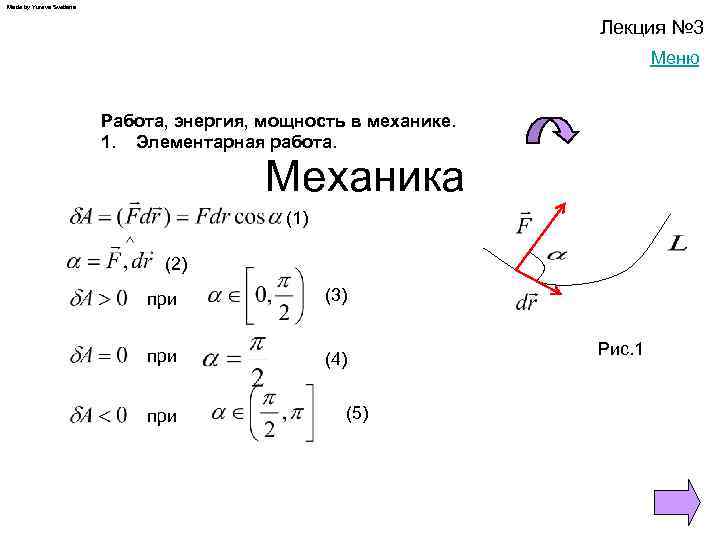Made by Yureva Svetlana Лекция № 3 Меню Работа, энергия, мощность в механике. 1.