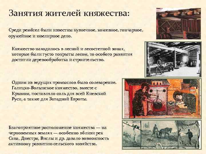 Занятия жителей княжества: Среди ремёсел были известны кузнечное, кожевное, гончарное, оружейное и ювелирное дело.