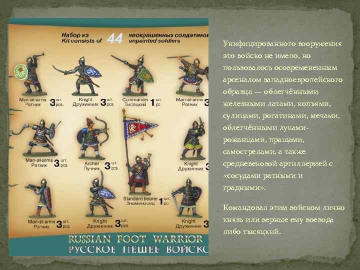 Унифицированного вооружения это войско не имело, но пользовалось осовремененным арсеналом западноевропейского образца — облегчёнными