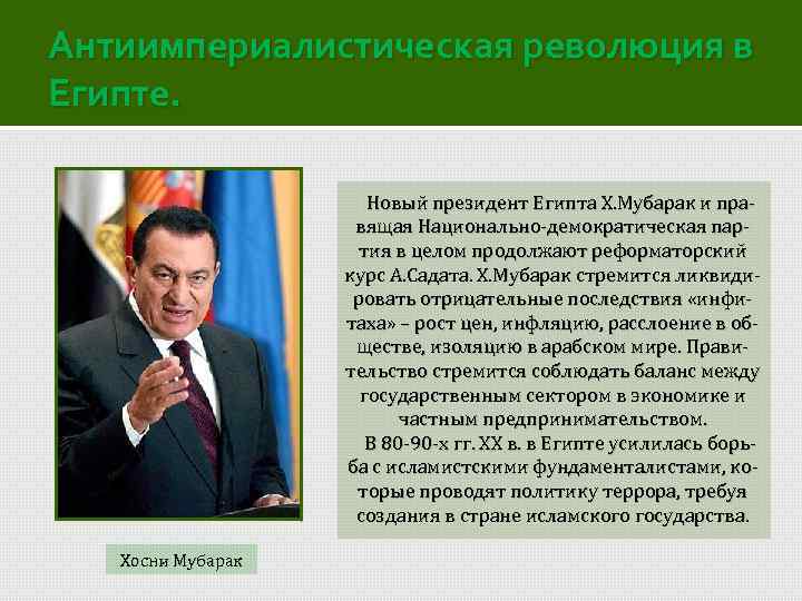 Антиимпериалистическая революция в Египте. Новый президент Египта Х. Мубарак и правящая Национально-демократическая партия в