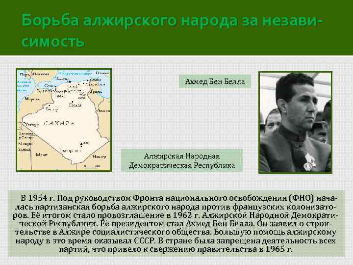 Борьба алжирского народа за независимость Ахмед Бен Белла Алжирская Народная Демократическая Республика В 1954