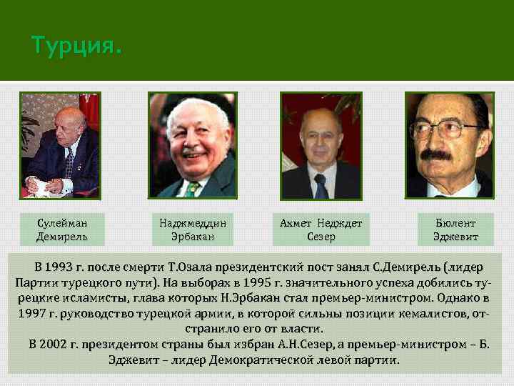 Турция. Сулейман Демирель Наджмеддин Эрбакан Ахмет Недждет Сезер Бюлент Эджевит В 1993 г. после