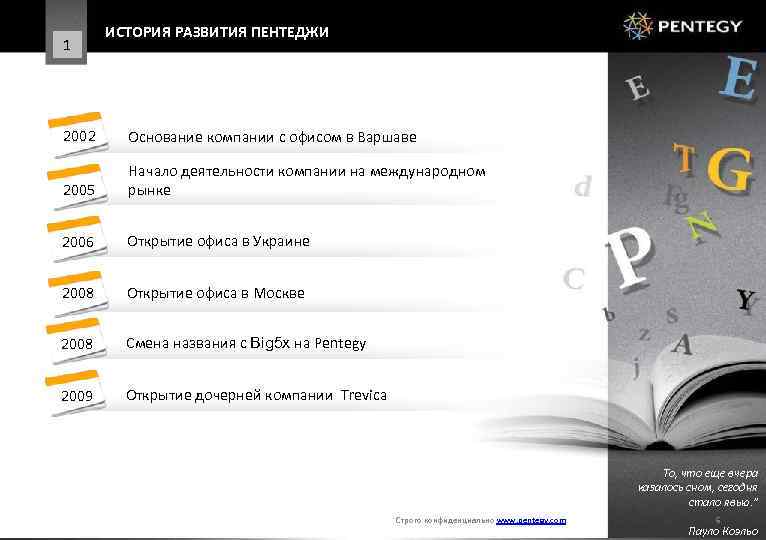 1 ИСТОРИЯ РАЗВИТИЯ ПЕНТЕДЖИ 2002 Основание компании с офисом в Варшаве 2005 Начало деятельности