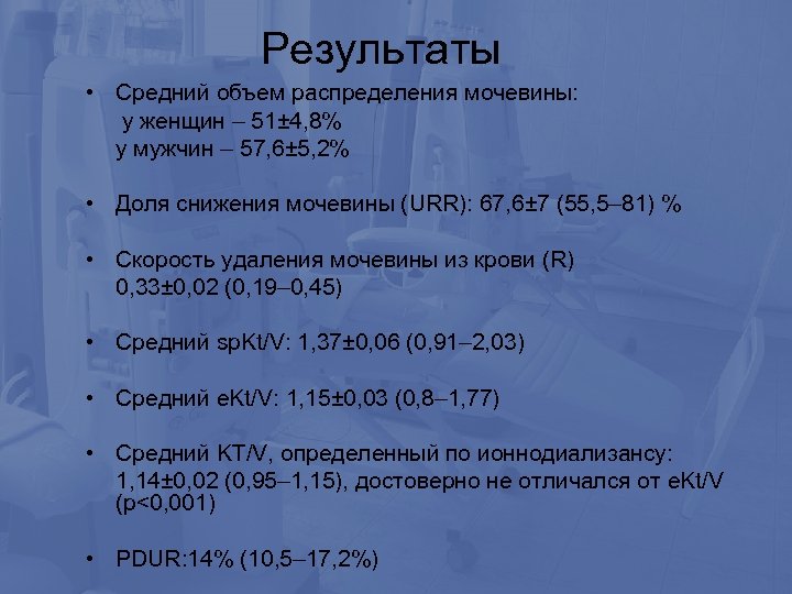 Результаты • Средний объем распределения мочевины: у женщин – 51± 4, 8% у мужчин