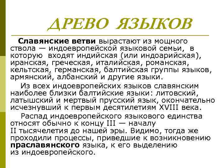ДРЕВО ЯЗЫКОВ Славянские ветви вырастают из мощного ствола — индоевропейской языковой семьи, в которую