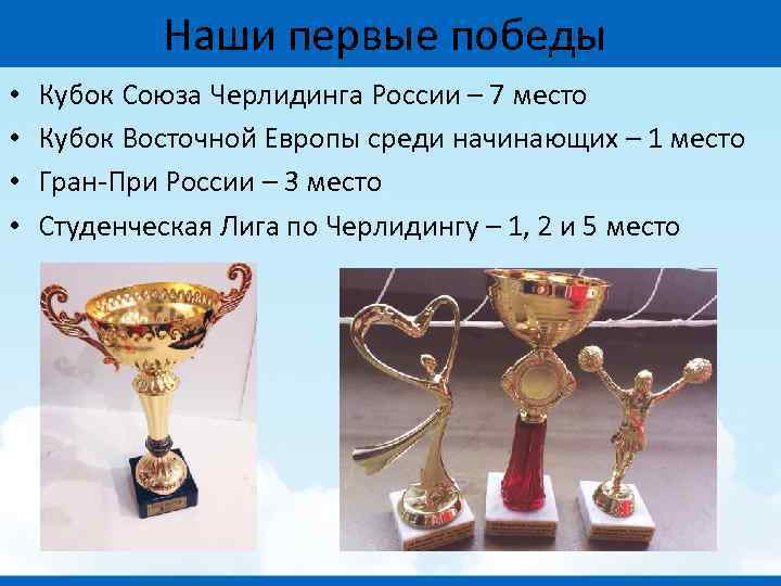 Наши первые победы • • Кубок Союза Черлидинга России – 7 место Кубок Восточной