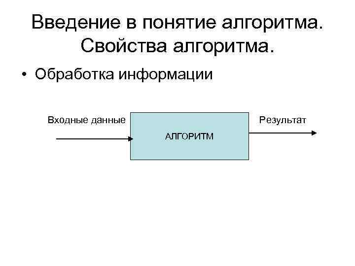 Введение в понятие алгоритма. Свойства алгоритма. • Обработка информации Входные данные Результат АЛГОРИТМ 
