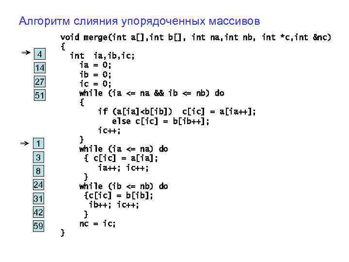 Алгоритм слияния упорядоченных массивов 4 14 27 51 1 3 8 24 31 42