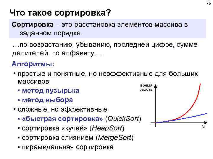 76 Что такое сортировка? Сортировка – это расстановка элементов массива в заданном порядке. …по