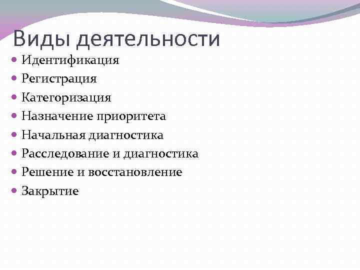 Виды деятельности Идентификация Регистрация Категоризация Назначение приоритета Начальная диагностика Расследование и диагностика Решение и