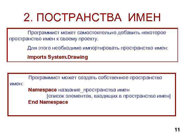 2. ПОСТРАНСТВА ИМЕН Программист может самостоятельно добавить некоторое пространство имен к своему проекту. Для