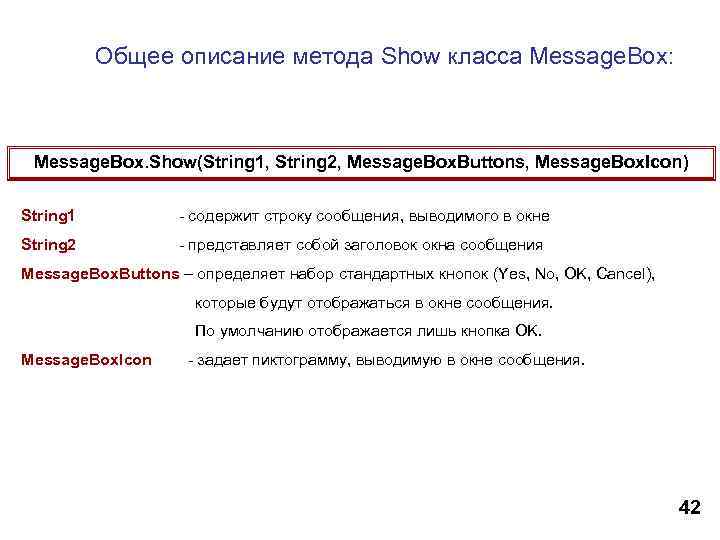 Общее описание метода Show класса Message. Box: Message. Box. Show(String 1, String 2, Message.