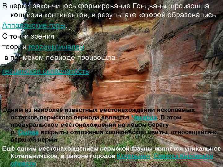 В перми закончилось формирование Гондваны, произошла коллизия континентов, в результате которой образовались Аппалачские горы.