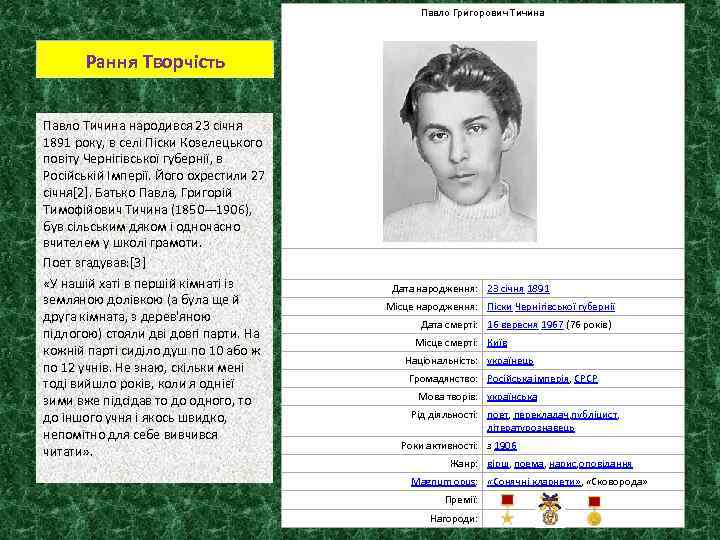 Павло Григорович Тичина Рання Творчість Павло Тичина народився 23 січня 1891 року, в селі