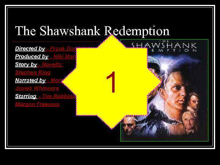 The Shawshank Redemption Directed by - Frank Darabont Produced by - Niki Marvin Story