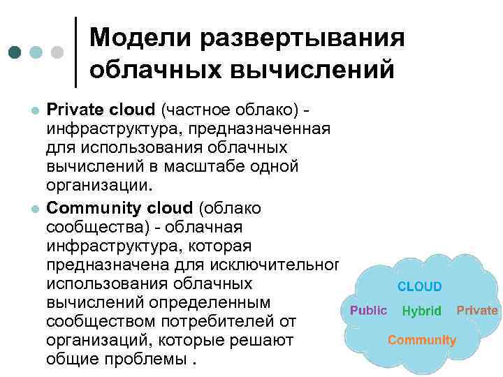 Модели развертывания облачных вычислений l l Private cloud (частное облако) - инфраструктура, предназначенная для