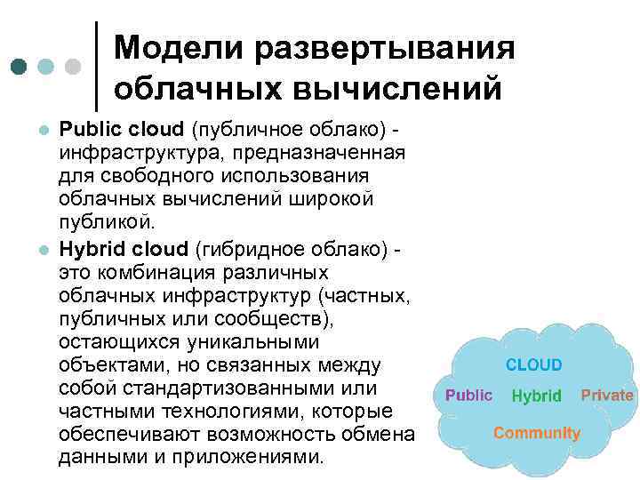 Модели развертывания облачных вычислений l l Public cloud (публичное облако) - инфраструктура, предназначенная для