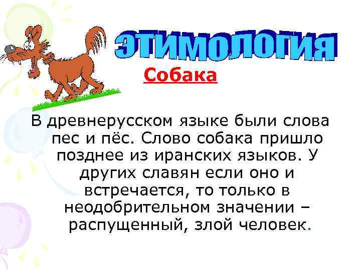 Собака В древнерусском языке были слова пес и пёс. Слово собака пришло позднее из