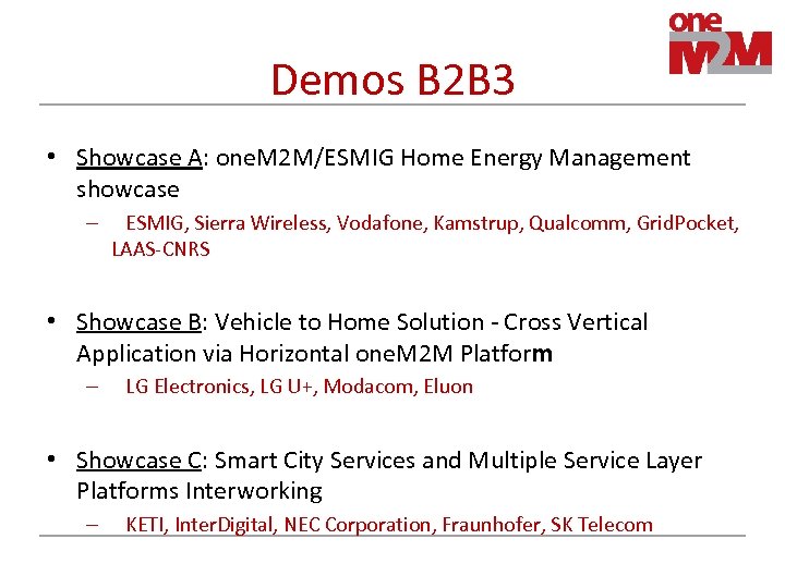 Demos B 2 B 3 • Showcase A: one. M 2 M/ESMIG Home Energy